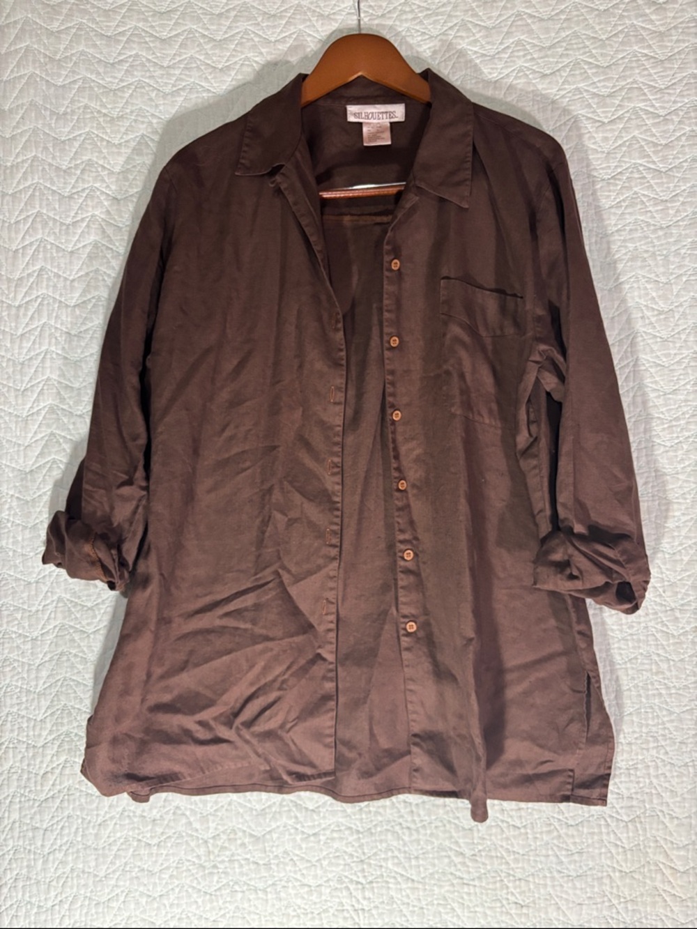 Silhouette Chocolate Brown Relaxed Button-Up Blouse 100% Linen